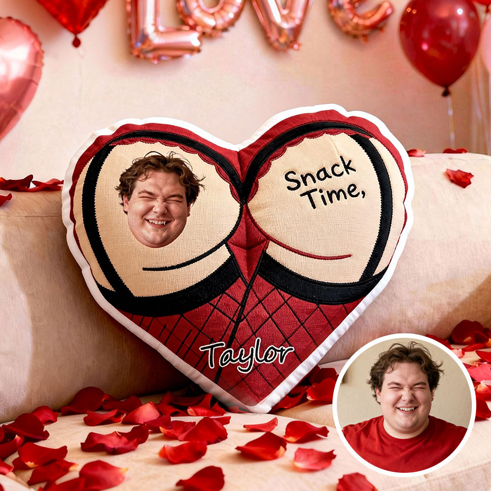 Custom Couple Photo Pillow – Red Heart-shaped Personalized Snack Time Pillows For Valentine’s Day Gift