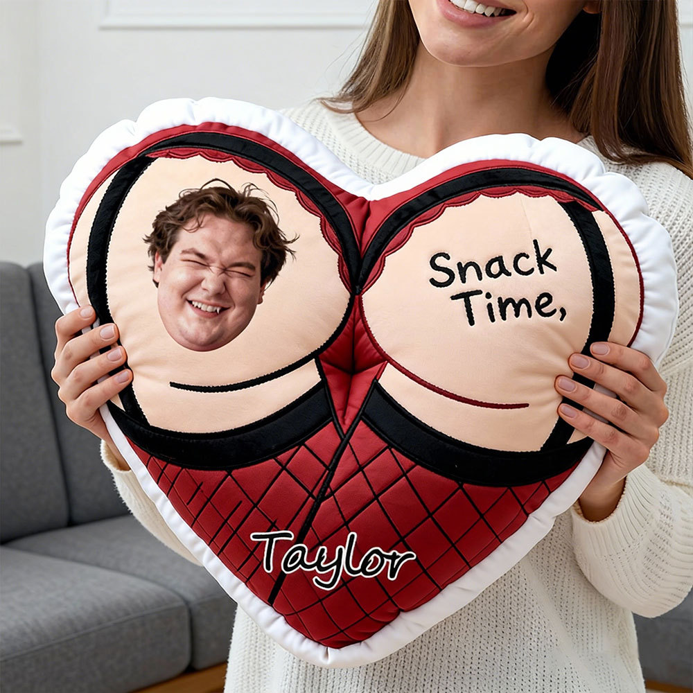 Custom Couple Photo Pillow – Red Heart-shaped Personalized Snack Time Pillows For Valentine’s Day Gift