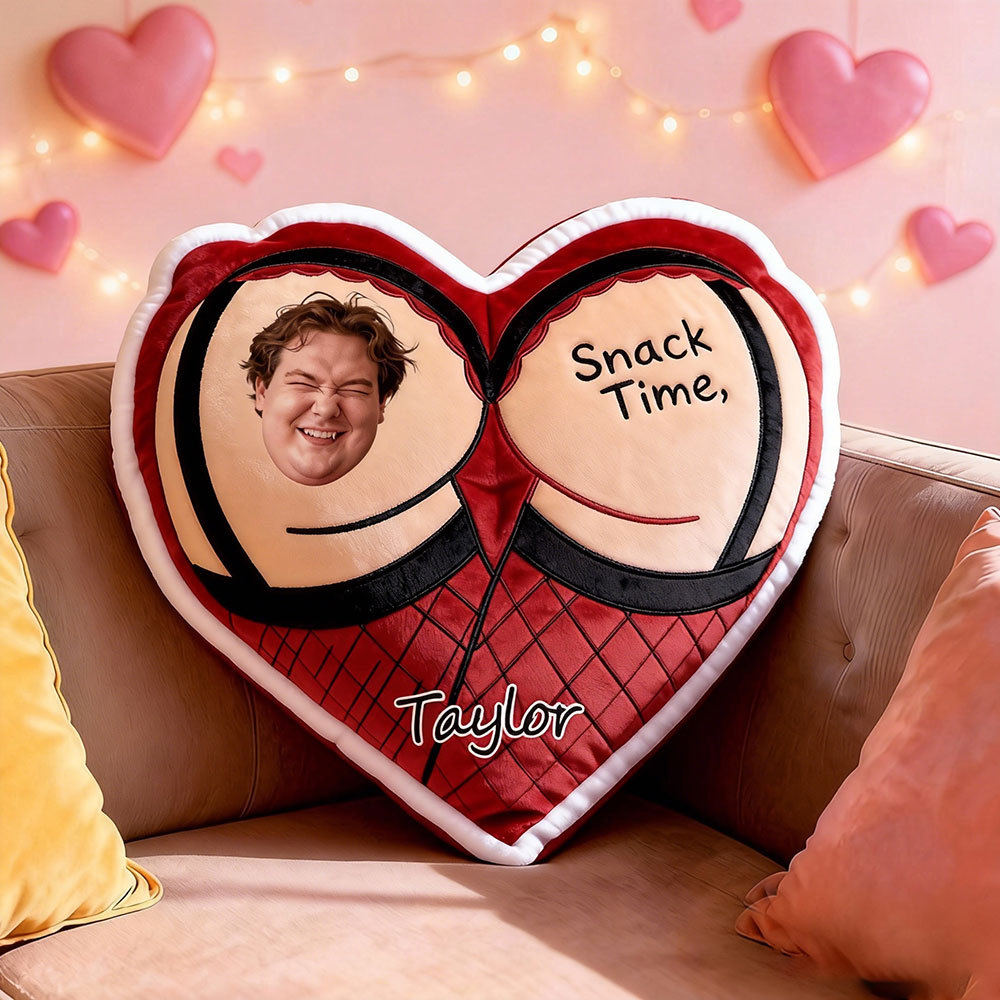 Custom Couple Photo Pillow – Red Heart-shaped Personalized Snack Time Pillows For Valentine’s Day Gift