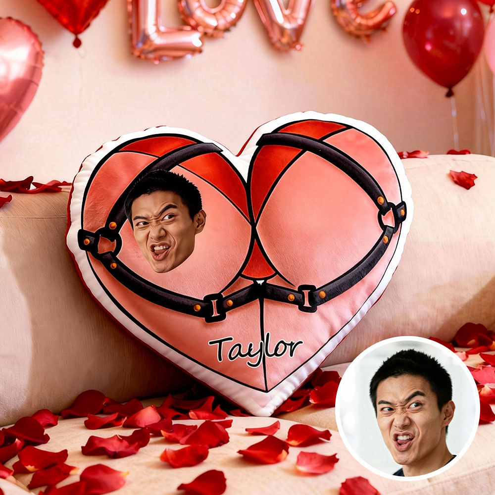 Customized Couple Photo Pillow – Red Heart-Shaped Personalized Tie-Up Pillow, The Perfect Valentine's Day Gift.