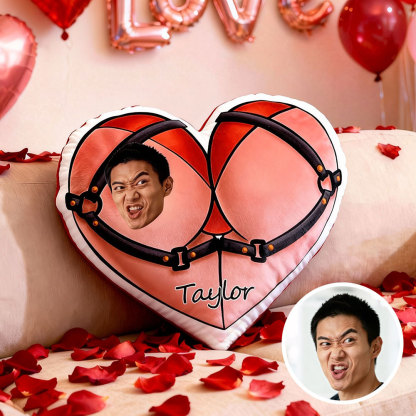 Customized Couple Photo Pillow – Red Heart-Shaped Personalized Tie-Up Pillow, The Perfect Valentine's Day Gift.