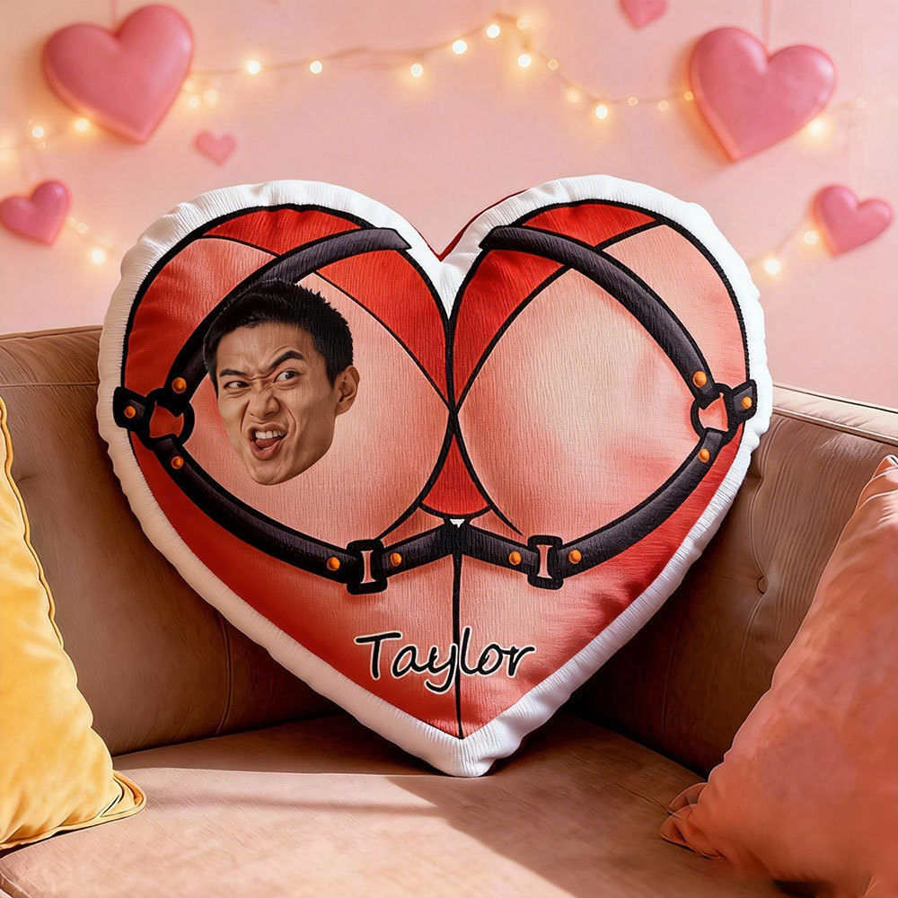 Customized Couple Photo Pillow – Red Heart-Shaped Personalized Tie-Up Pillow, The Perfect Valentine's Day Gift.