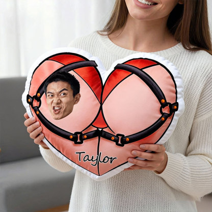 Customized Couple Photo Pillow – Red Heart-Shaped Personalized Tie-Up Pillow, The Perfect Valentine's Day Gift.