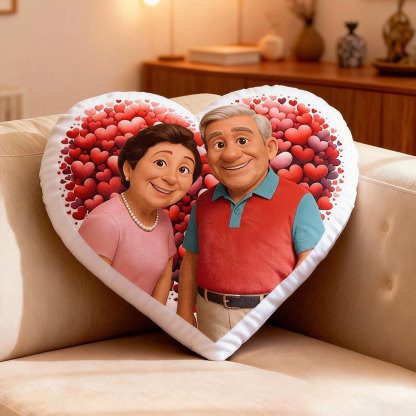 Customized Couple Photo Pillow – Personalized Pillow With A Red Heart-Shaped Background And Portrait, Perfect As A Valentine's Day Gift.