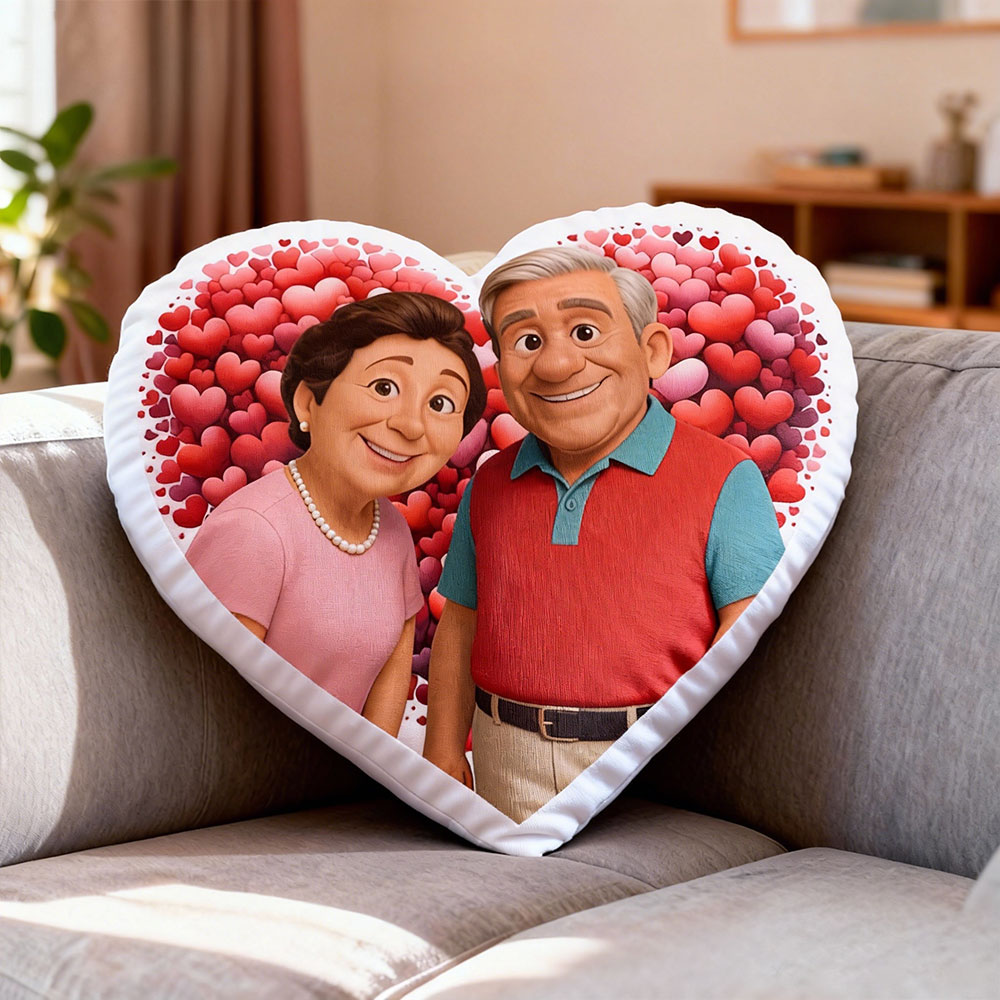 Customized Couple Photo Pillow – Personalized Pillow With A Red Heart-Shaped Background And Portrait, Perfect As A Valentine's Day Gift.