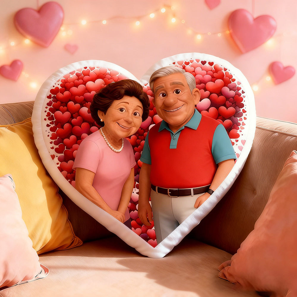 Customized Couple Photo Pillow – Personalized Pillow With A Red Heart-Shaped Background And Portrait, Perfect As A Valentine's Day Gift.