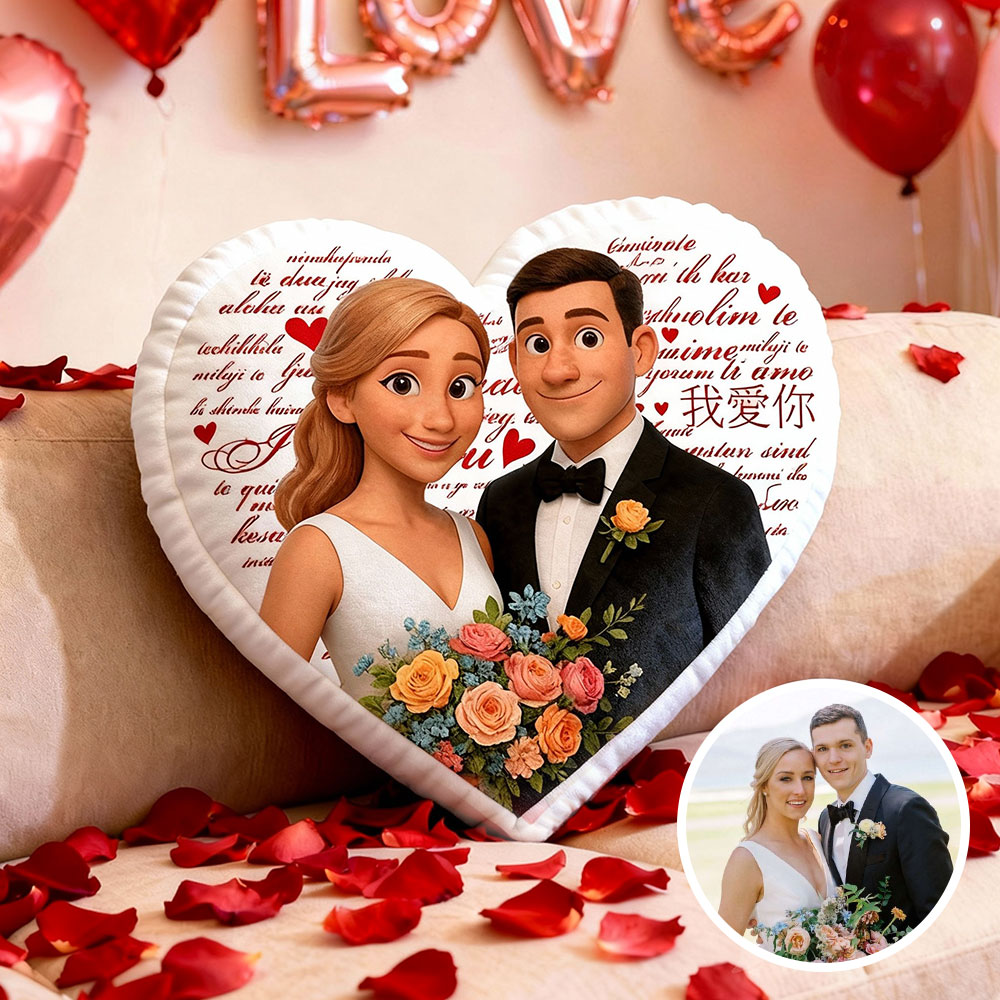Customized Couple Photo Pillow – Red Heart-shaped Personalized "I Love You" Pillow, Valentine's Day Gift