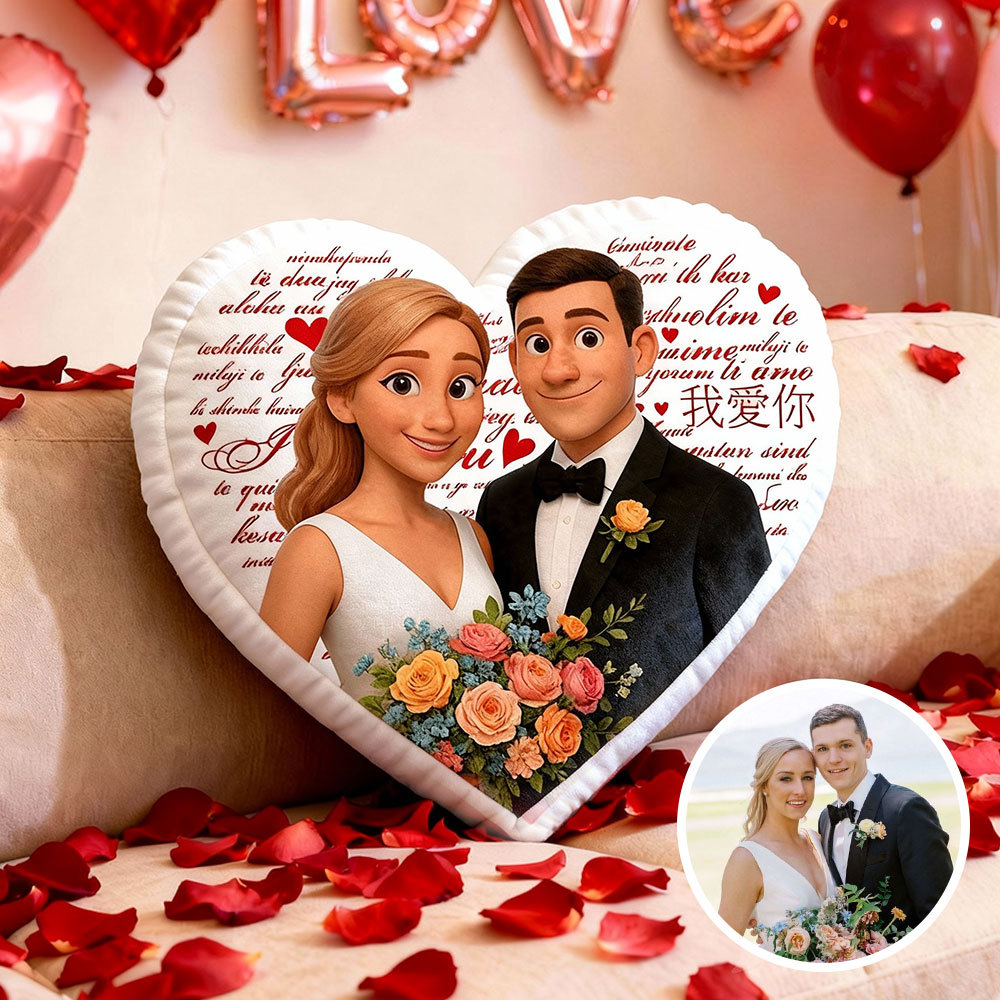 Customized Couple Photo Pillow – Red Heart-shaped Personalized "I Love You" Pillow, Valentine's Day Gift