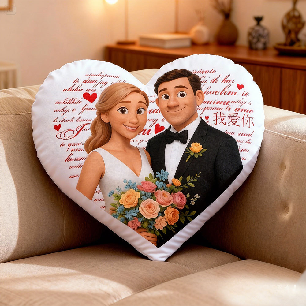 Customized Couple Photo Pillow – Red Heart-shaped Personalized "I Love You" Pillow, Valentine's Day Gift