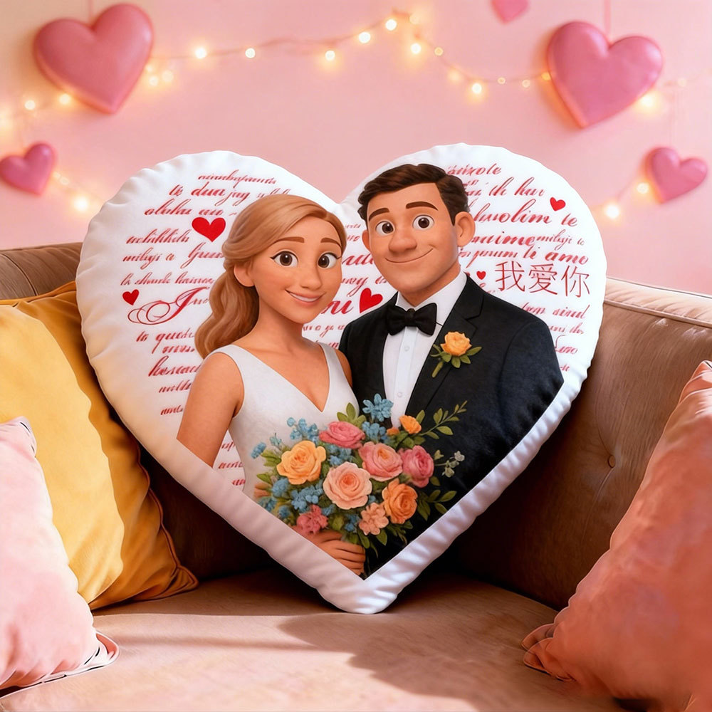 Customized Couple Photo Pillow – Red Heart-shaped Personalized "I Love You" Pillow, Valentine's Day Gift