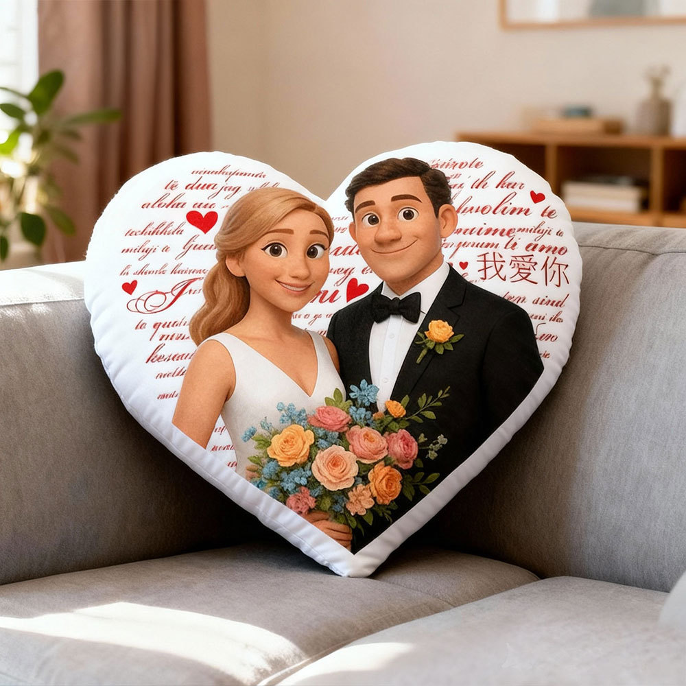Customized Couple Photo Pillow – Red Heart-shaped Personalized "I Love You" Pillow, Valentine's Day Gift