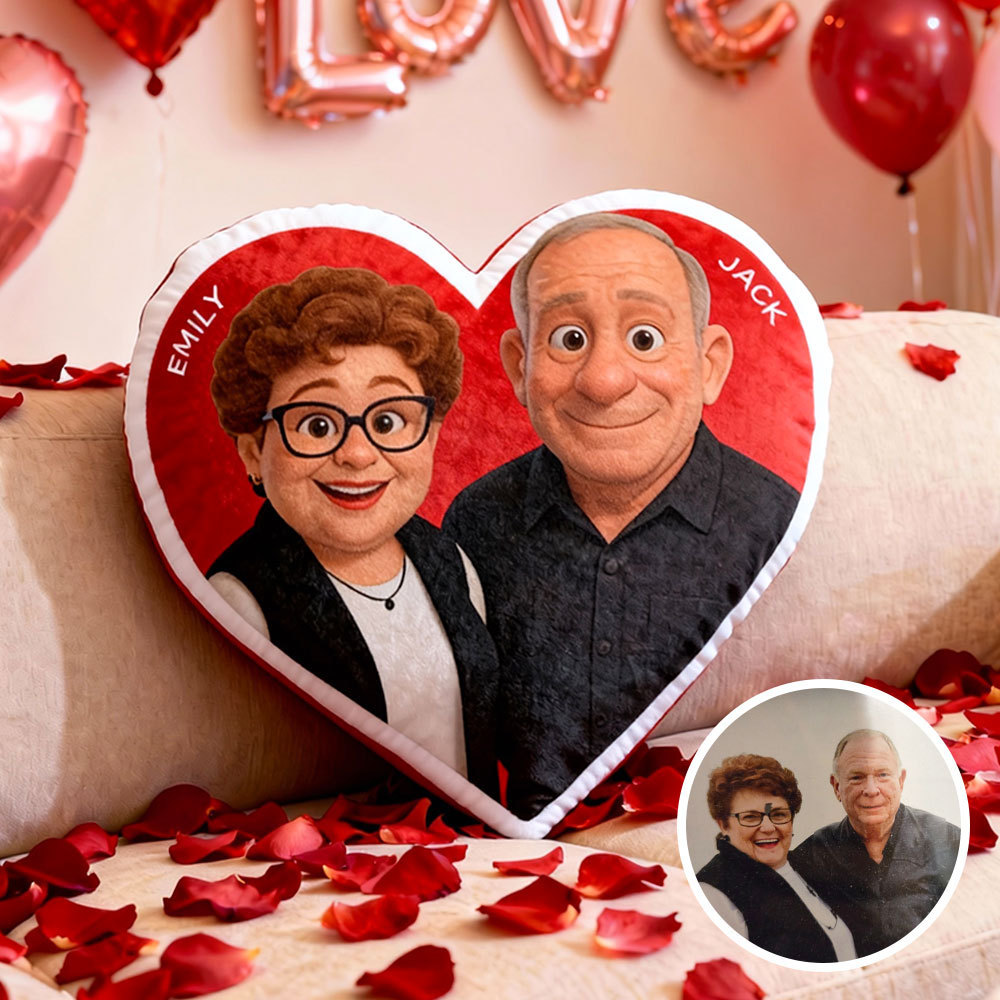 Customized Couple Photo Pillow – Red Heart-Shaped Personalized Anniversary Pillow, The Perfect Valentine's Day Gift.
