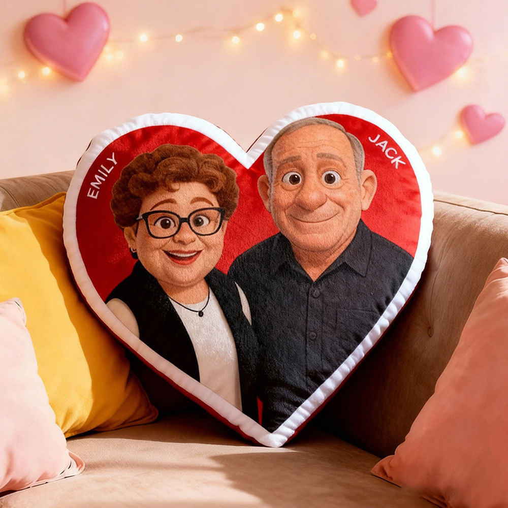 Customized Couple Photo Pillow – Red Heart-Shaped Personalized Anniversary Pillow, The Perfect Valentine's Day Gift.