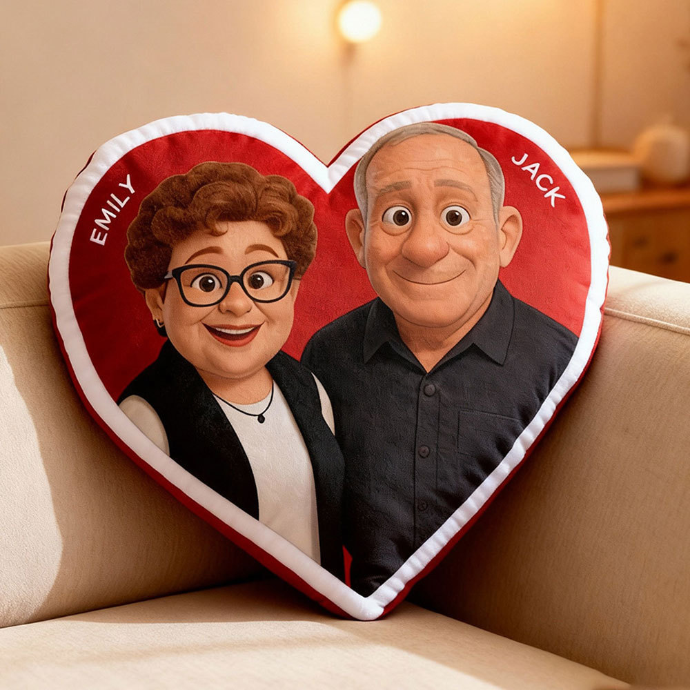 Customized Couple Photo Pillow – Red Heart-Shaped Personalized Anniversary Pillow, The Perfect Valentine's Day Gift.