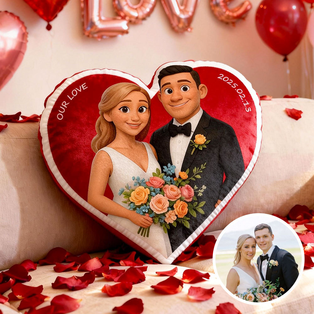 Customized Couple Photo Pillow – Red Heart-shaped Personalized Wedding Anniversary Pillow, the perfect Valentine's Day gift.