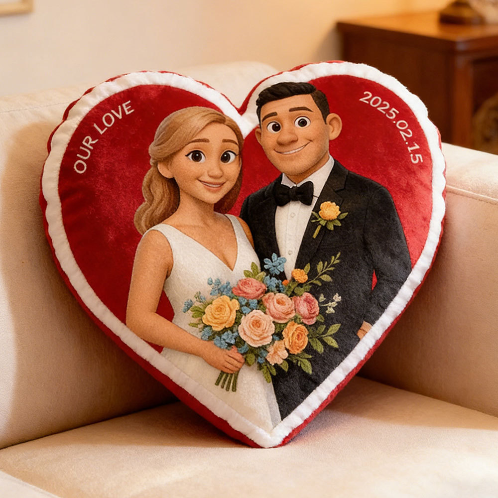 Customized Couple Photo Pillow – Red Heart-shaped Personalized Wedding Anniversary Pillow, the perfect Valentine's Day gift.