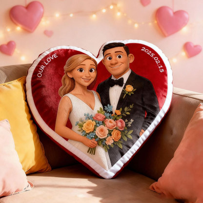 Customized Couple Photo Pillow – Red Heart-shaped Personalized Wedding Anniversary Pillow, the perfect Valentine's Day gift.