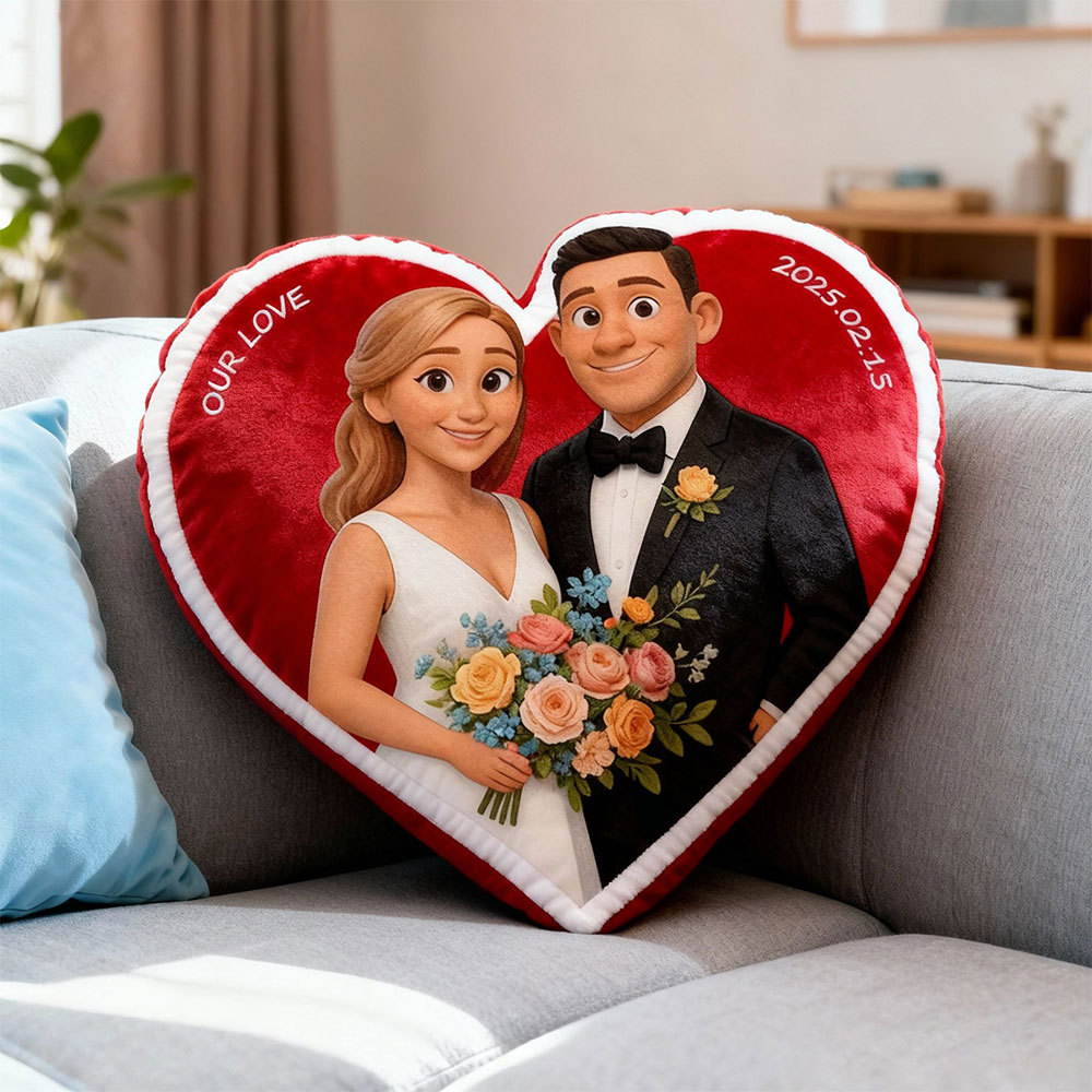 Customized Couple Photo Pillow – Red Heart-shaped Personalized Wedding Anniversary Pillow, the perfect Valentine's Day gift.