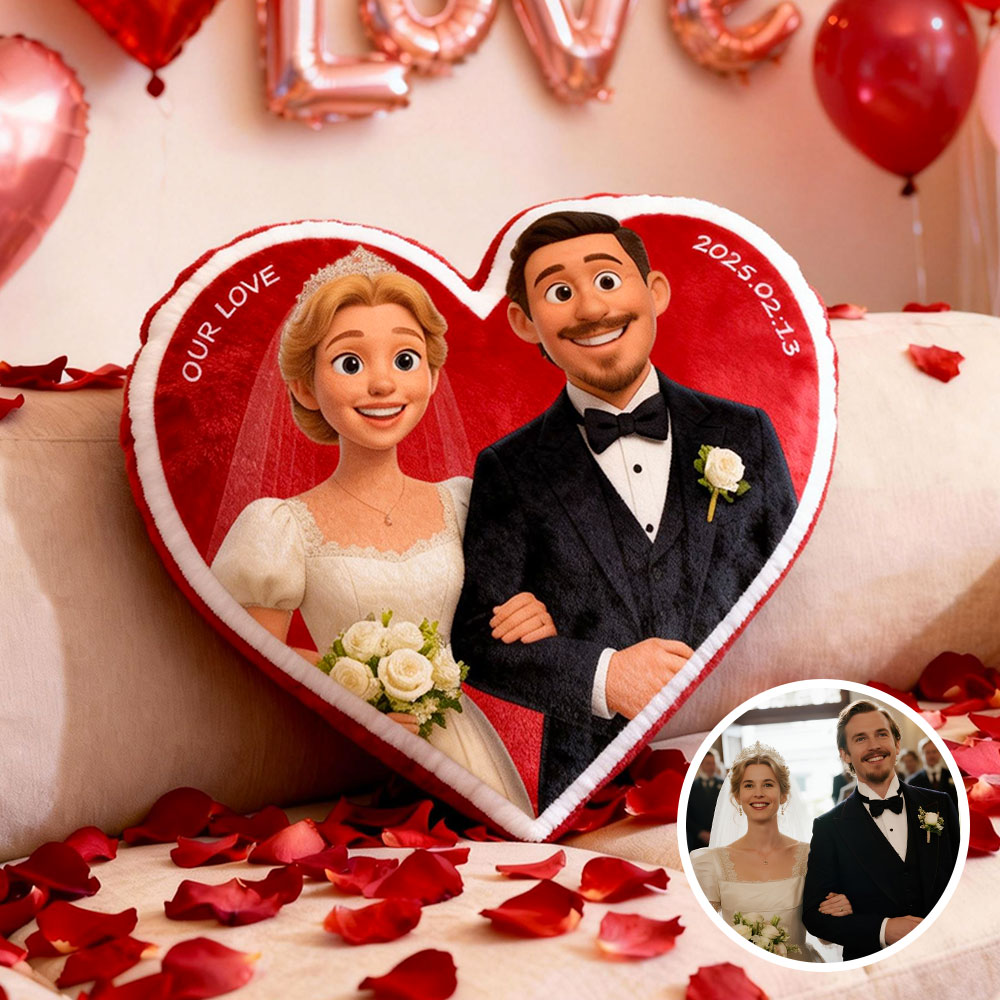 Customized Couple Photo Pillow – Red Heart-shaped Personalized Wedding Anniversary Pillow, the perfect Valentine's Day gift.