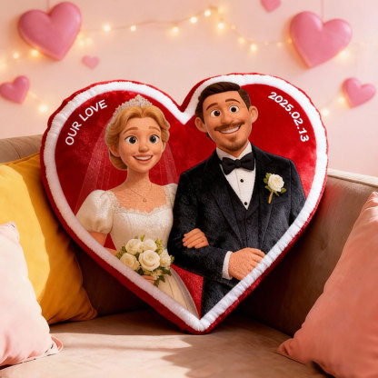 Customized Couple Photo Pillow – Red Heart-shaped Personalized Wedding Anniversary Pillow, the perfect Valentine's Day gift.