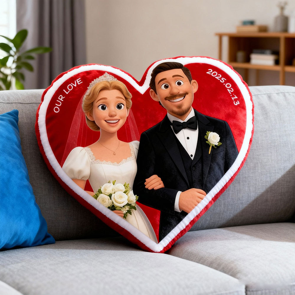 Customized Couple Photo Pillow – Red Heart-shaped Personalized Wedding Anniversary Pillow, the perfect Valentine's Day gift.