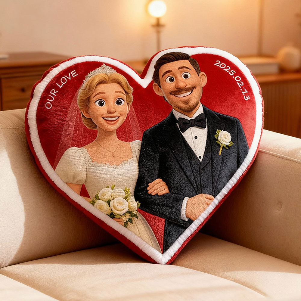 Customized Couple Photo Pillow – Red Heart-shaped Personalized Wedding Anniversary Pillow, the perfect Valentine's Day gift.