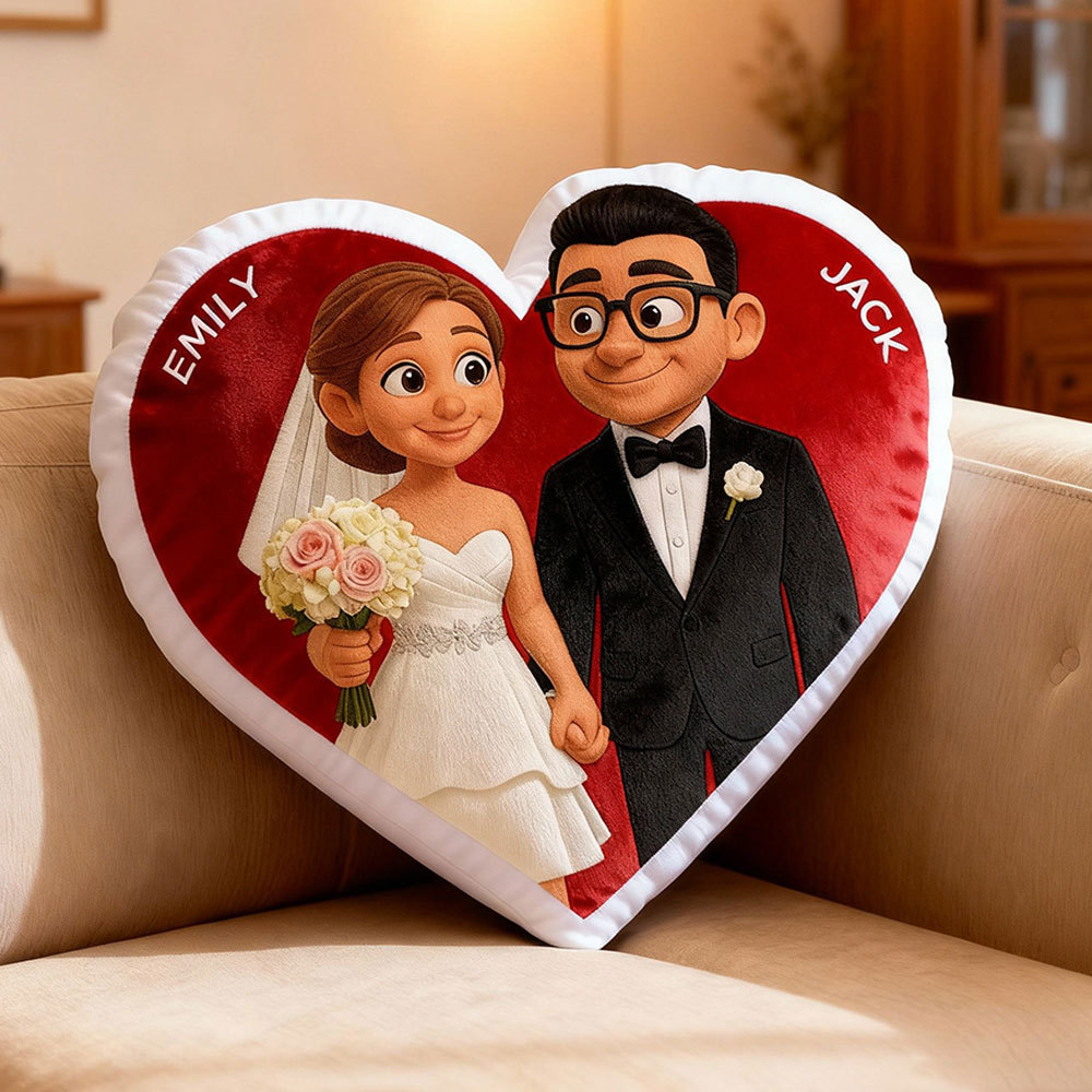 Customized Couple Photo Pillow – Red Heart-shaped Personalized Wedding Anniversary Pillow, the perfect Valentine's Day gift.