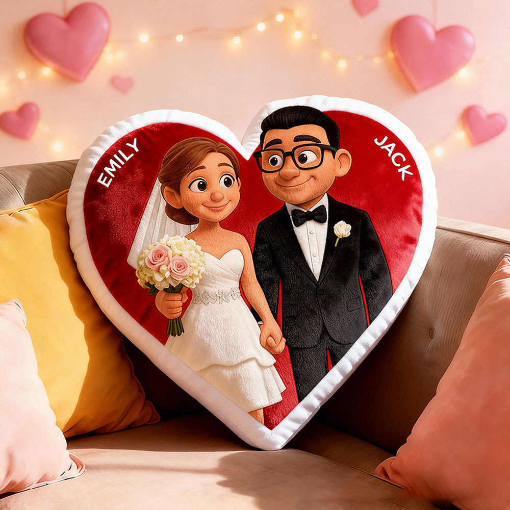 Customized Couple Photo Pillow – Red Heart-shaped Personalized Wedding Anniversary Pillow, the perfect Valentine's Day gift.