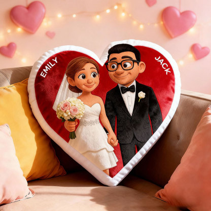 Customized Couple Photo Pillow – Red Heart-shaped Personalized Wedding Anniversary Pillow, the perfect Valentine's Day gift.