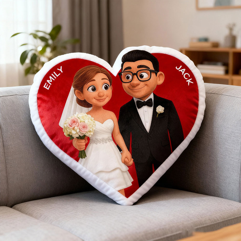 Customized Couple Photo Pillow – Red Heart-shaped Personalized Wedding Anniversary Pillow, the perfect Valentine's Day gift.
