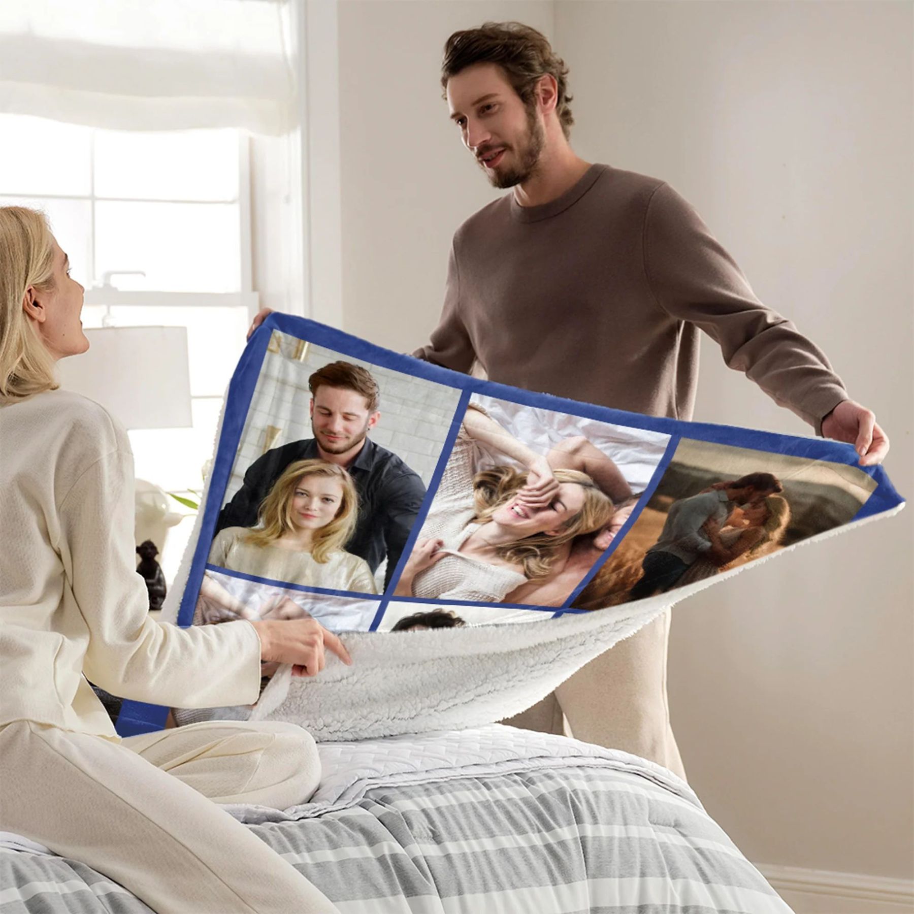 Personalized 6-9 Photos Collage Soft Throw Blanket With Text Home Decoration Anniversary Birthday Gift For Bestie Family Couple