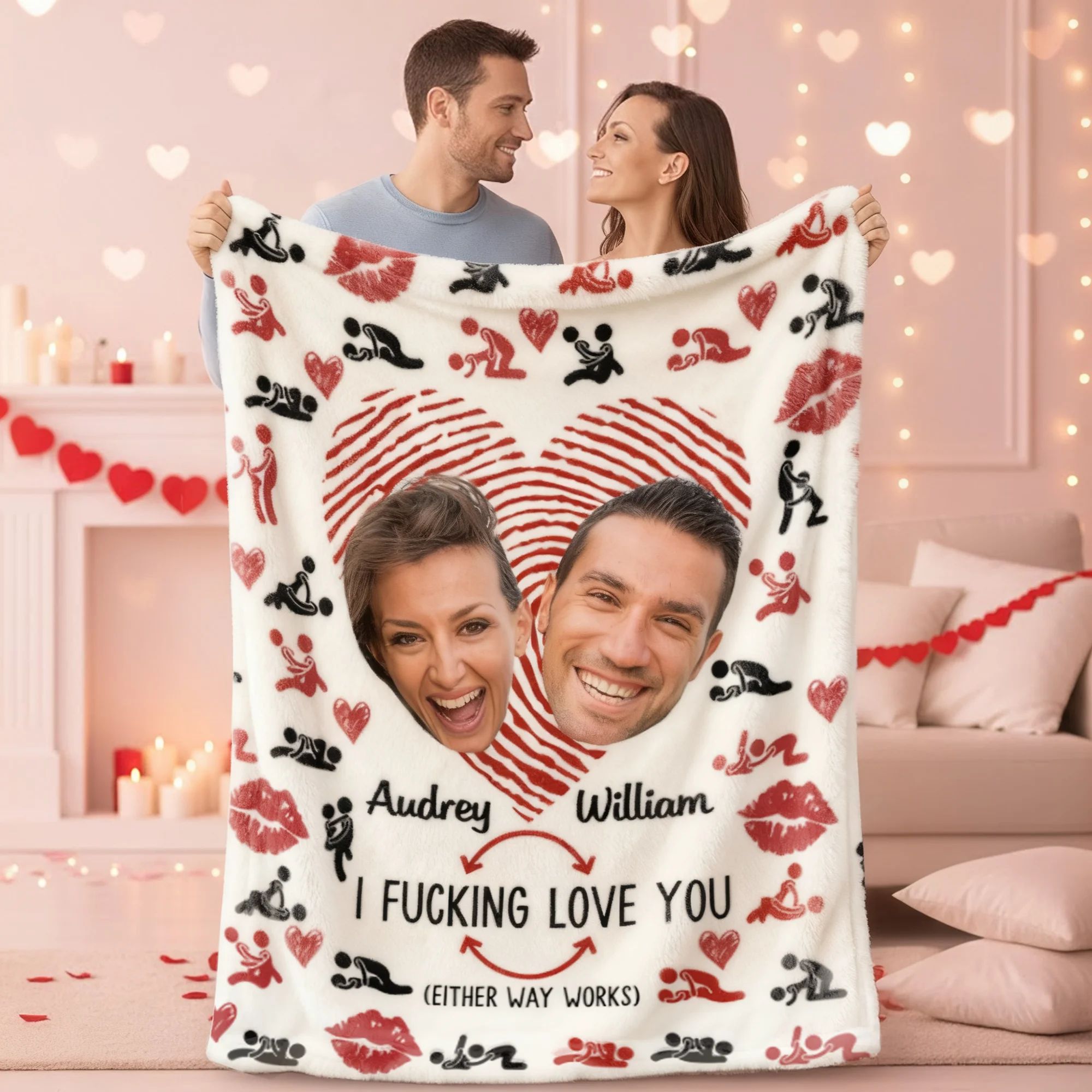 Personalized Couple Photos Heart Fingerprint Kiss Soft Throw Blanket With Name Birthday Valentine's Day Gift For Couple