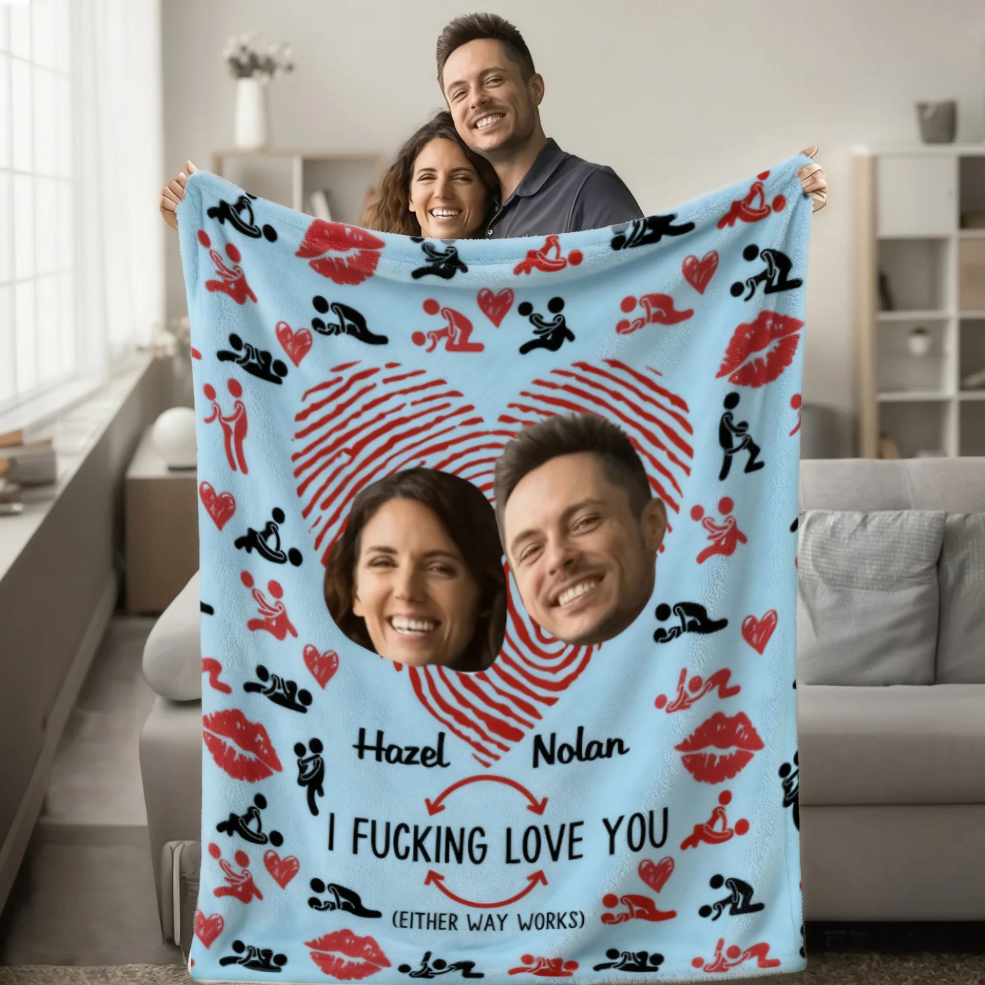 Personalized Couple Photos Heart Fingerprint Kiss Soft Throw Blanket With Name Birthday Valentine's Day Gift For Couple