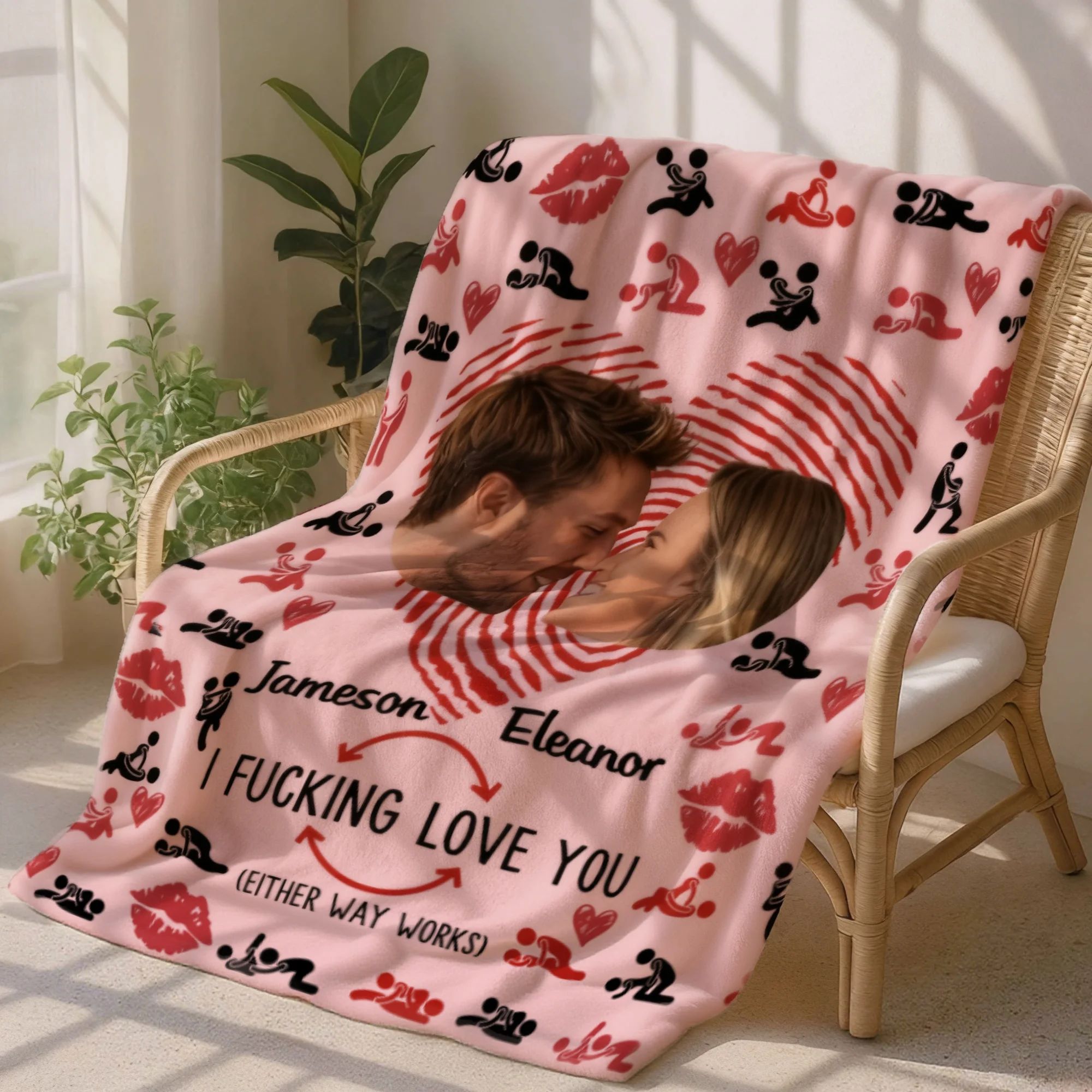Personalized Couple Photos Heart Fingerprint Kiss Soft Throw Blanket With Name Birthday Valentine's Day Gift For Couple