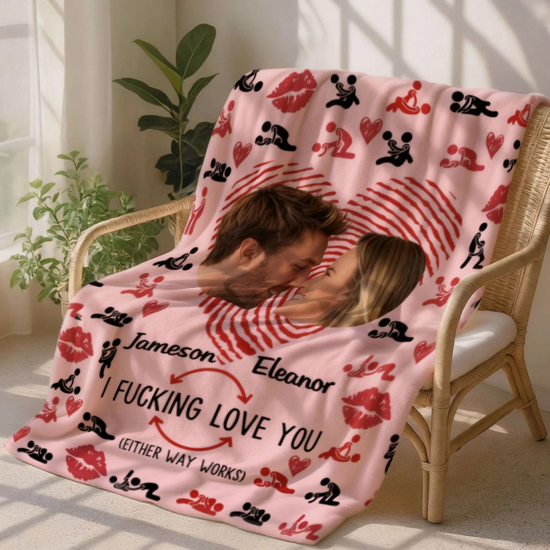 Personalized Couple Photos Heart Fingerprint Kiss Soft Throw Blanket With Name Birthday Valentine's Day Gift For Couple