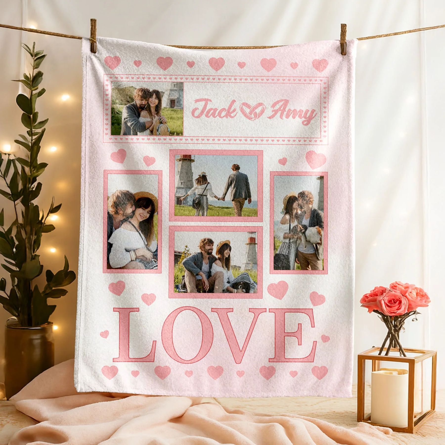 Personalized Love Heart Couple Photos Soft Throw Blanket With Couple Names Valentine's Day Anniversary Gift For Couple