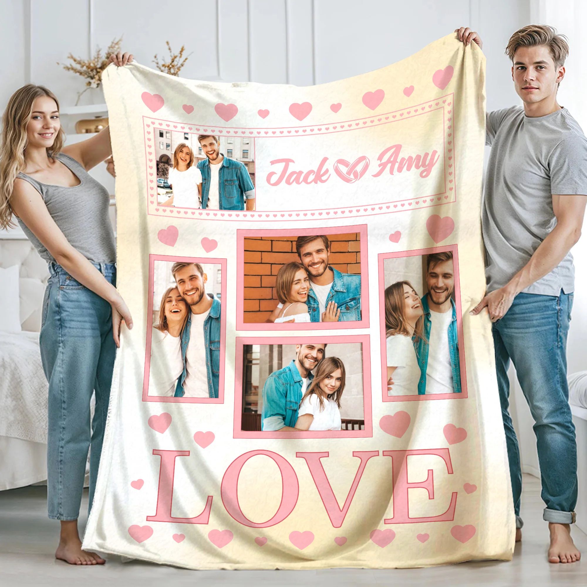 Personalized Love Heart Couple Photos Soft Throw Blanket With Couple Names Valentine's Day Anniversary Gift For Couple