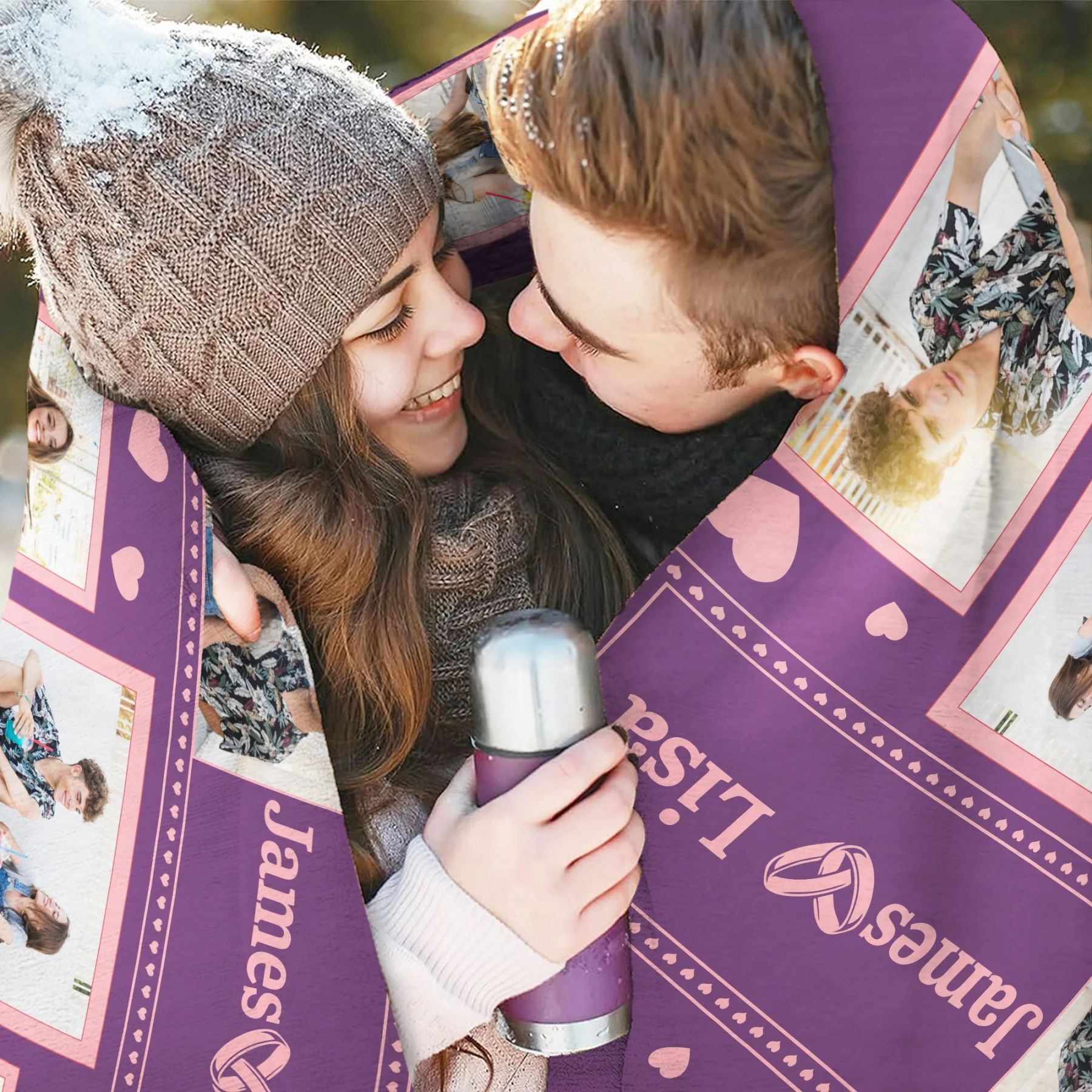 Personalized Love Heart Couple Photos Soft Throw Blanket With Couple Names Valentine's Day Anniversary Gift For Couple