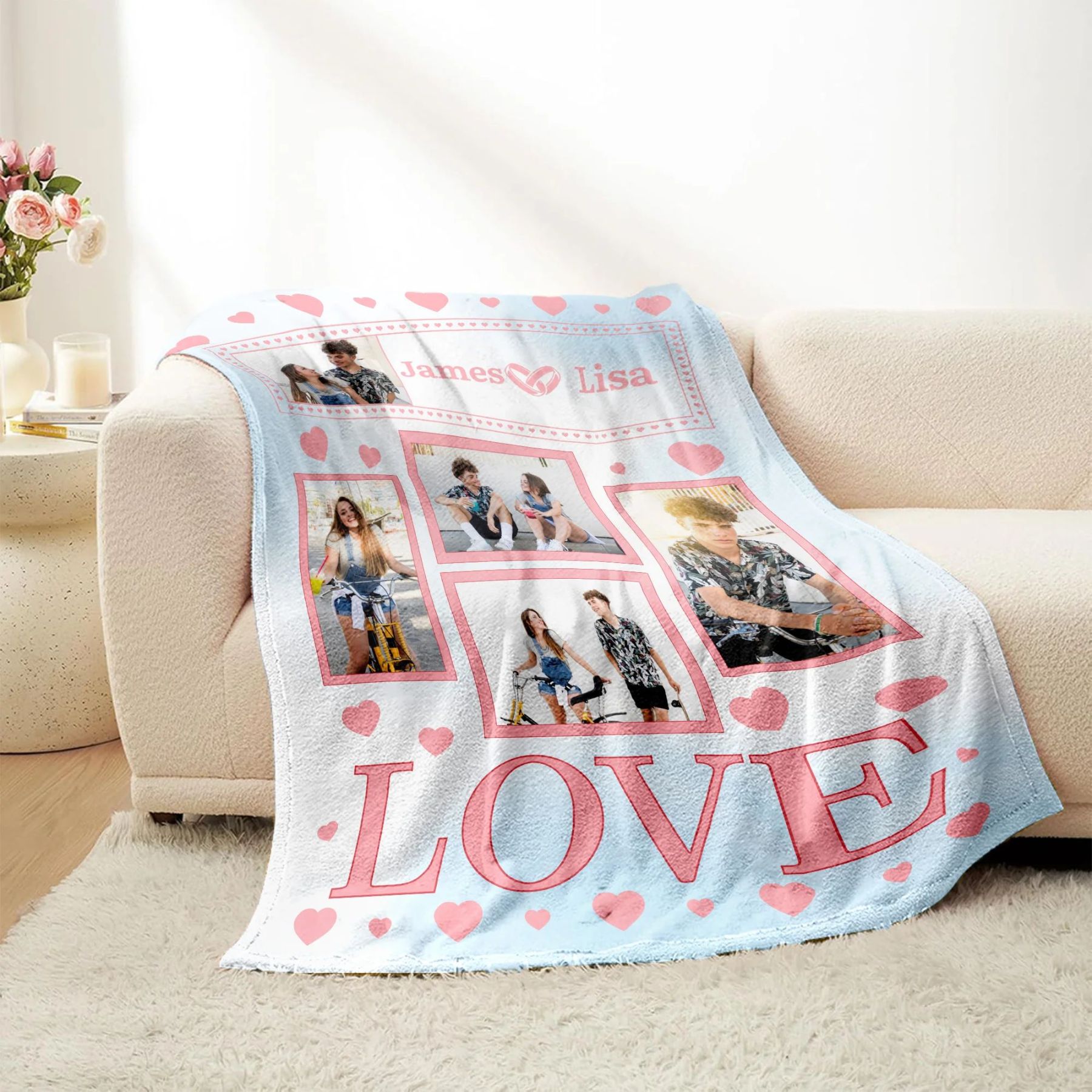 Personalized Love Heart Couple Photos Soft Throw Blanket With Couple Names Valentine's Day Anniversary Gift For Couple