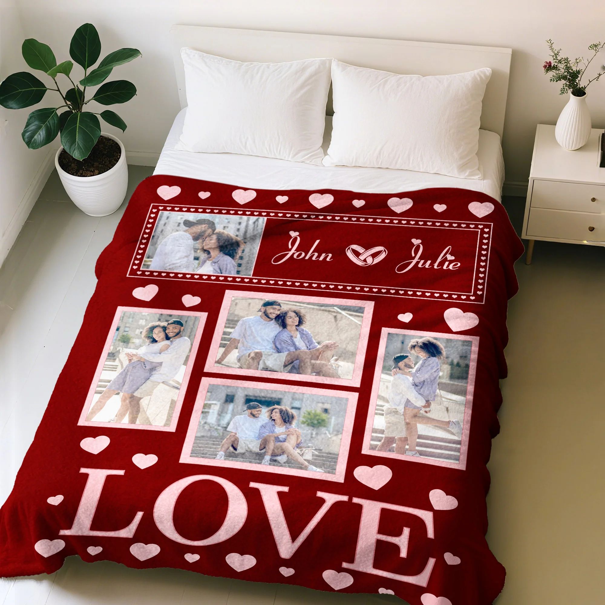 Personalized Love Heart Couple Photos Soft Throw Blanket With Couple Names Valentine's Day Anniversary Gift For Couple