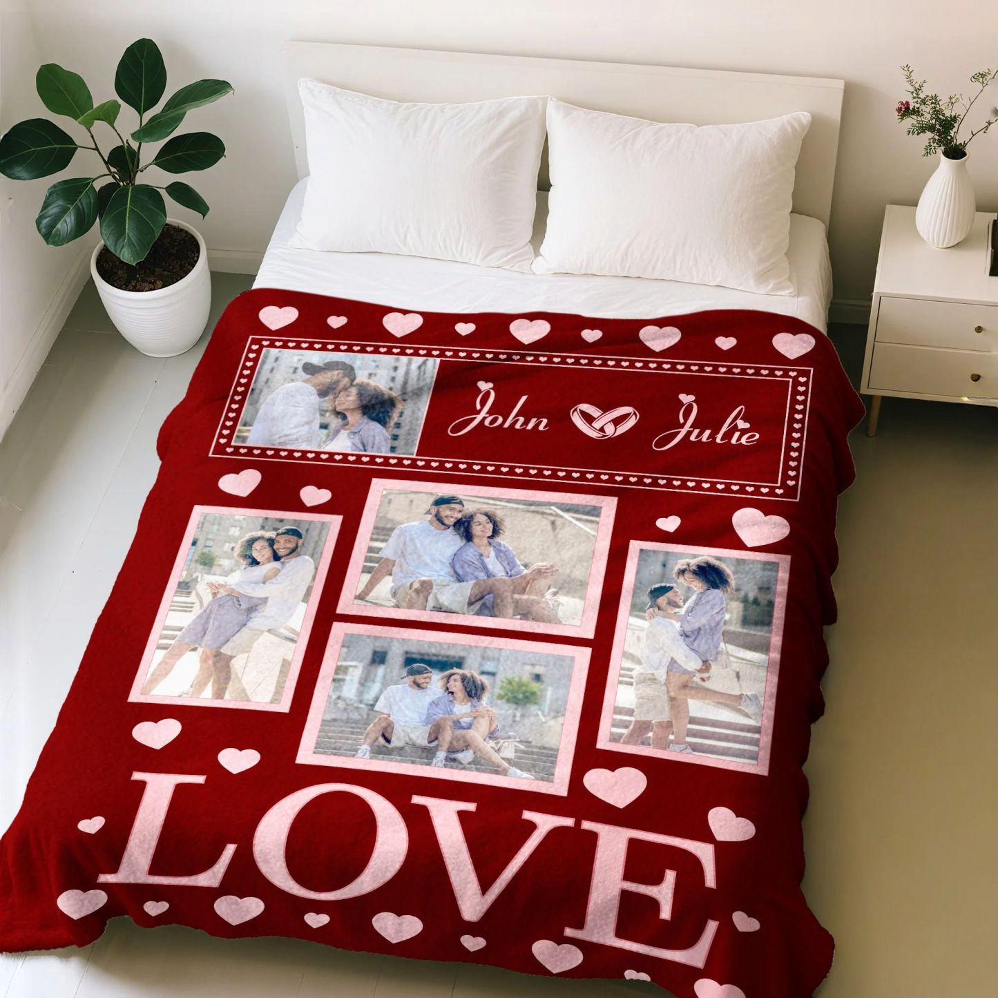 Personalized Love Heart Couple Photos Soft Throw Blanket With Couple Names Valentine's Day Anniversary Gift For Couple