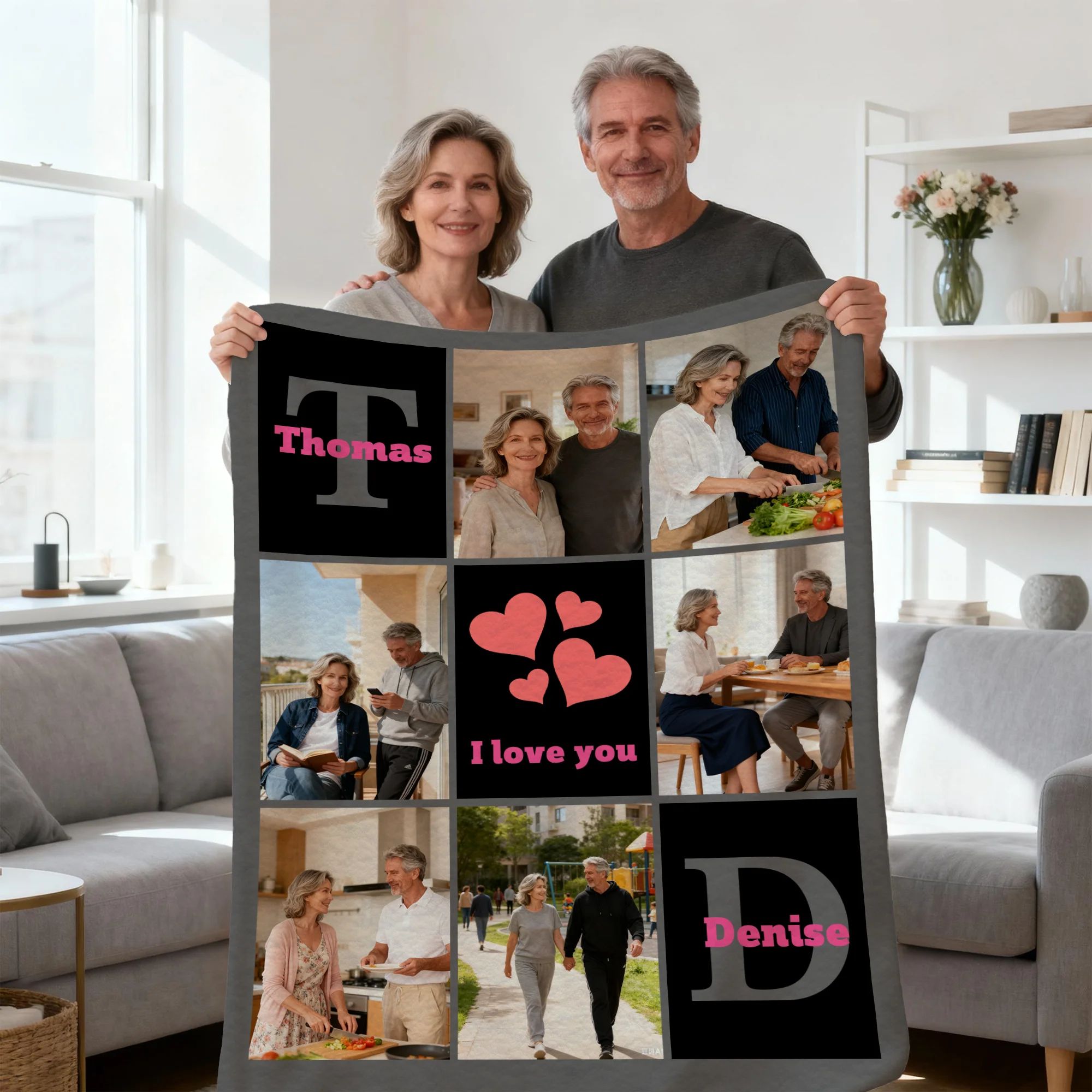 Personalized Heart 6 Photos Soft Throw Blanket With Name And Text Valentine's Day Birthday Gift For Couple