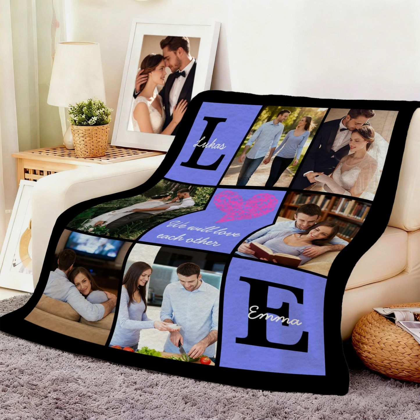 Personalized Heart 6 Photos Soft Throw Blanket With Name And Text Valentine's Day Birthday Gift For Couple