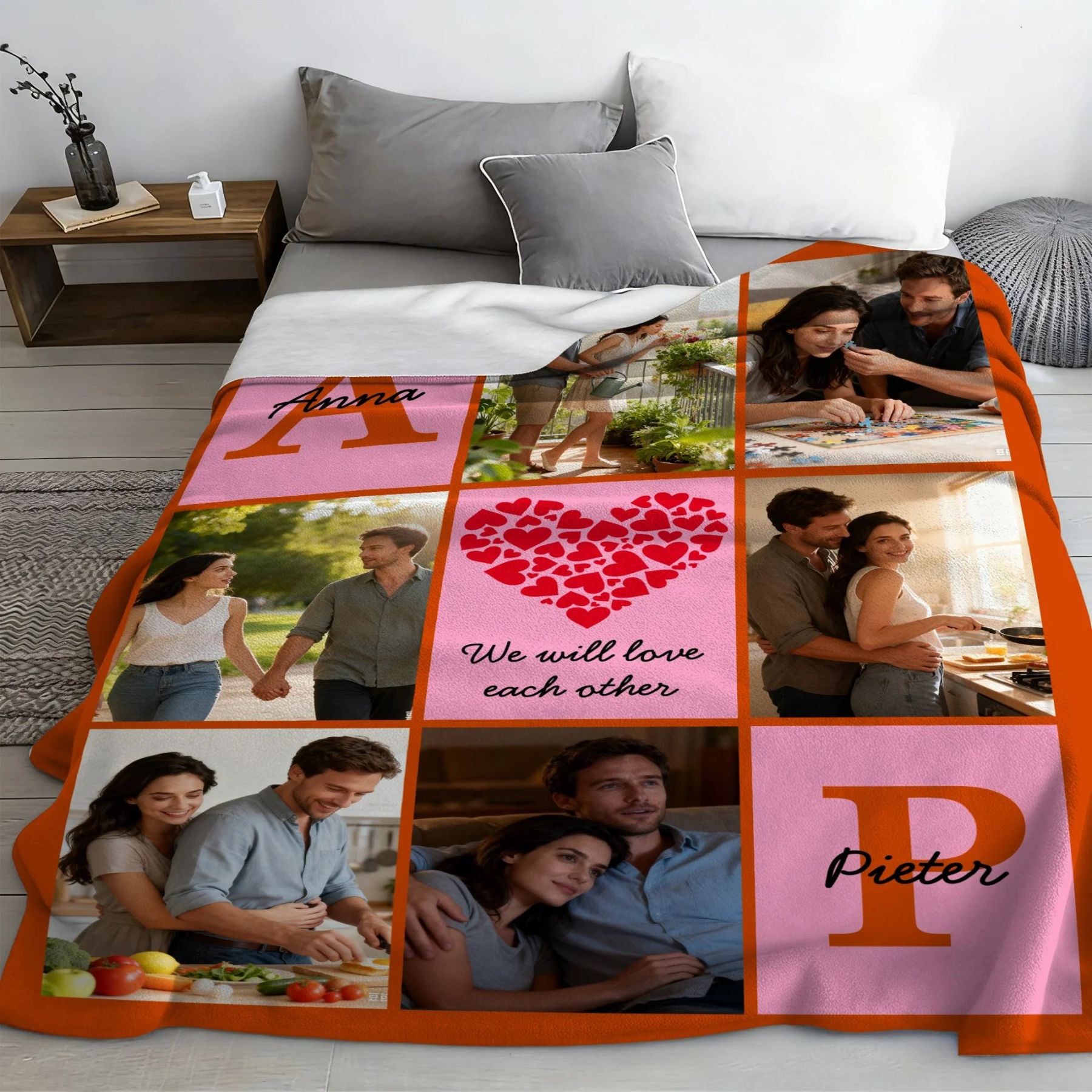 Personalized Heart 6 Photos Soft Throw Blanket With Name And Text Valentine's Day Birthday Gift For Couple