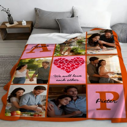 Personalized Heart 6 Photos Soft Throw Blanket With Name And Text Valentine's Day Birthday Gift For Couple
