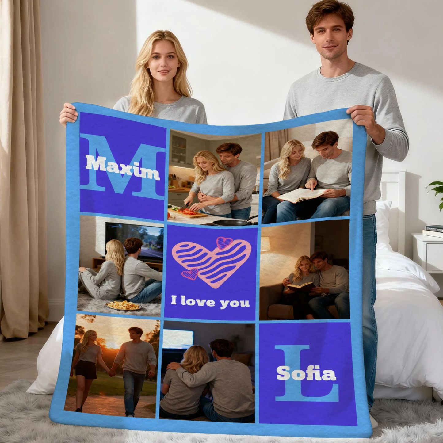 Personalized Heart 6 Photos Soft Throw Blanket With Name And Text Valentine's Day Birthday Gift For Couple