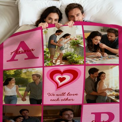Personalized Heart 6 Photos Soft Throw Blanket With Name And Text Valentine's Day Birthday Gift For Couple
