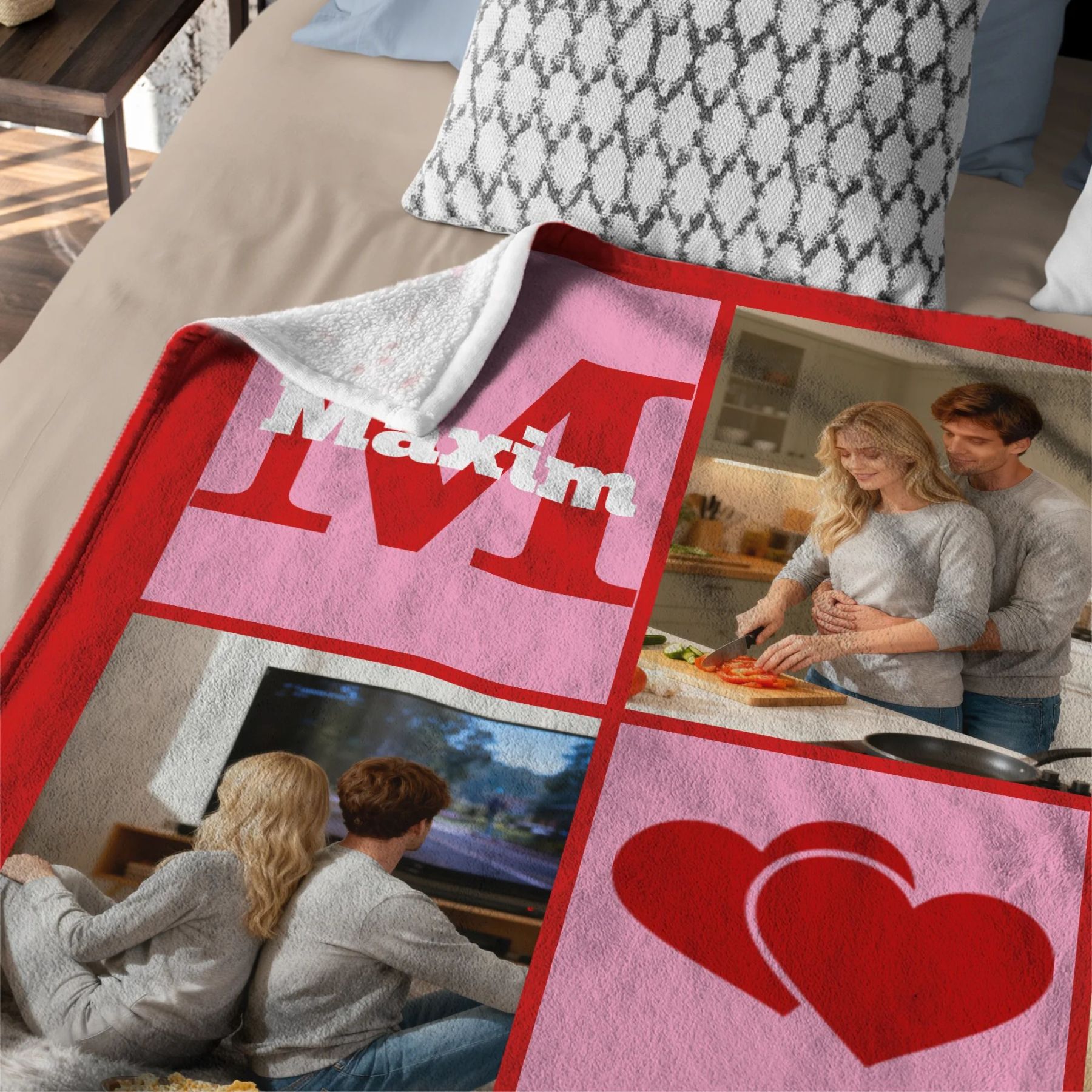 Personalized Heart 6 Photos Soft Throw Blanket With Name And Text Valentine's Day Birthday Gift For Couple
