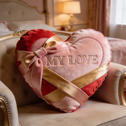 Personalized Valentine's Day Themed Heart-Shaped Ribbon-Wrapped Throw Pillow