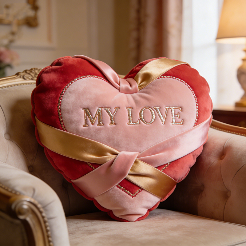 Personalized Valentine's Day Themed Heart-Shaped Ribbon-Wrapped Throw Pillow